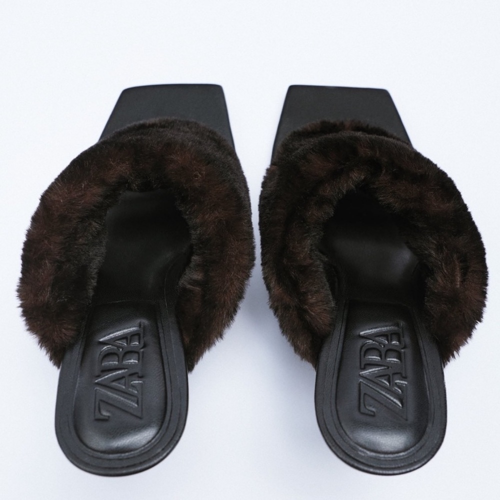 Zara Black Squared Toe Faux Fur Mules Heeled Thong Sandals Heels Sz 6.5 - Picture 5 of 14